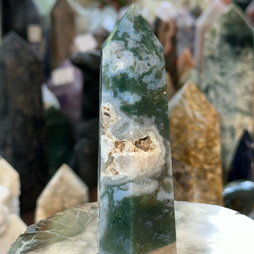 Moss Agate Crystal Point With Druzy!